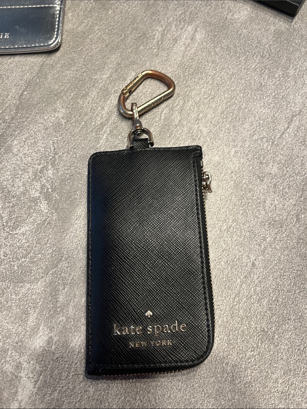 kate spade Black Saffiano Leather Zip Phone Pouch with Gold Carabiner